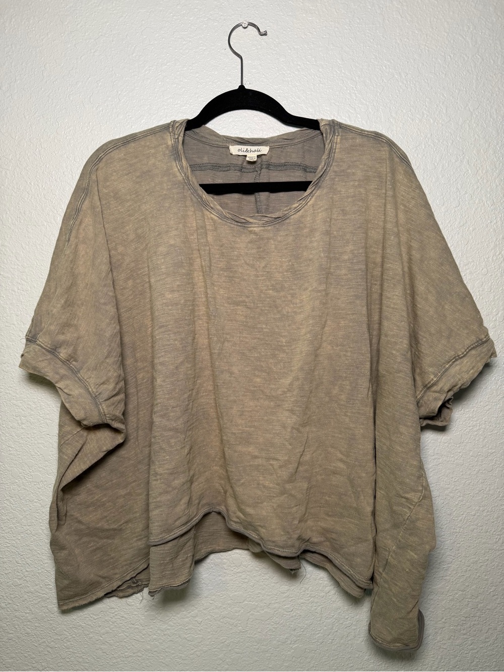 Oli & Hali // Women’s S/M Distressed Washed Taupe Green Short-Sleeve Boxy Tee